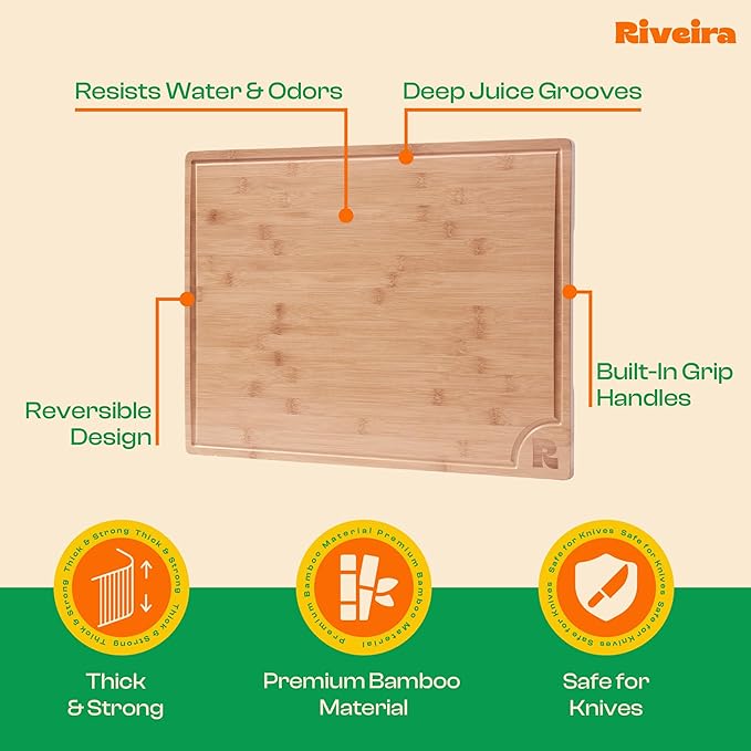 Riveira Brown Bamboo Wood Cutting Board – Gourmet Bamboo Grandeur: 24 x 18 Wooden Cutting Board – Wooden Cutting Boards For Kitchen Decorative – Innovative Juice Grooves Wooden Chopping Board