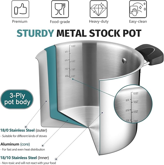 P&P CHEF Stainless Steel 3-Ply Sock Pot with Lid, Stockpot for Cooking Pasta & Stewing Soup, Fits Multi Stoves, Heat-proof Handle & Clear Lid, Heavy Duty & Dishwasher Safe, 10 Quarts