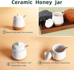 LEETOYI Honey jar with Lid and Wooden Dipper, 12 oz Ceramic Honey Container Dispenser for Home, Microwave & Dishwasher Safe, White