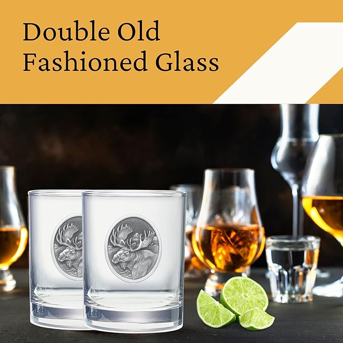 Heritage Pewter Moose Double Old Fashion | Double Rocks Glass 14 OZ for Liquor | Expertly Crafted Pewter Glass