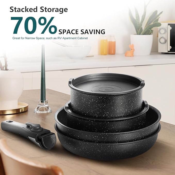 NEWBULIG Nonstick Kitchen Cookware Set, Pots and Pans with Detachable Handle, Induction Compatible, Dishwasher & Oven Safe, Space-Saving, Black, 12 Pieces(5 Pot)