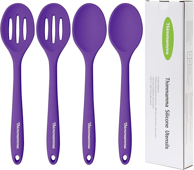 Silicone Spoon for Cooking, BPA Free Silicone Slotted Solid Spoons Set Heat Resistant, Dishwasher Safe Nonstick Silicone Kitchen Serving Spoon Set for Mixing Basting Stirring, Purple