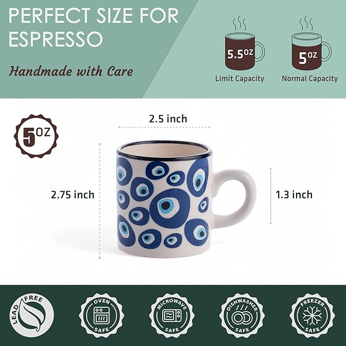 Ceramic Espresso Cups, 5 Oz Espresso Cups Set of 4, Handmade Espresso Cup, 2.75 Inch Espresso Mugs, Multicolor Demitasse Cups, Microwave & Dishwasher Safe Espresso Mugs, Coffe Mug Set (NAZAR CHARM)