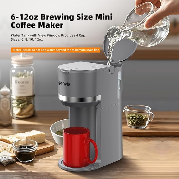 Mini Single Serve Coffee Maker for K Cup and Ground Coffee, Fast Brew One Cup Coffee Machine with Descaling Reminder and Water Window, 6 to 12 oz. Brew Sizes, Grey