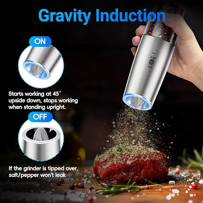 Rechargeable Gravity Electric Salt and Pepper Grinder Set with LED Light, Type-C Fast Charging, Adjustable Coarseness, Large Capacity Grinder for Kitchen & Outdoor, (2 Pack-Stainless Steel)
