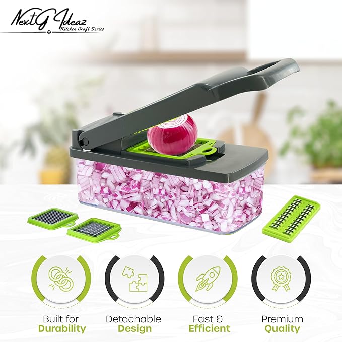 Mandoline Vegetable Slicer, Dicer, 16-in-1 Multifunctional Veggie Chopper, Colander Basket, Onion, Carrot, Potato, Salad, Garlic, ABS Design, Stainless Steel Sharp Blades. (NGI-HVG16-GR)