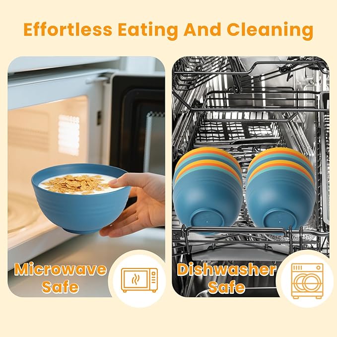 Homienly Plastic Bowls Alternative, Unbreakable Wheat Straw Cereal Bowls 8 PCS - Microwave & Dishwasher Safe Bowl for Cereal, Snack, Rice, Salad, Soup Bowls for Kitchen, Camping, Party(Muliti,26 OZ)
