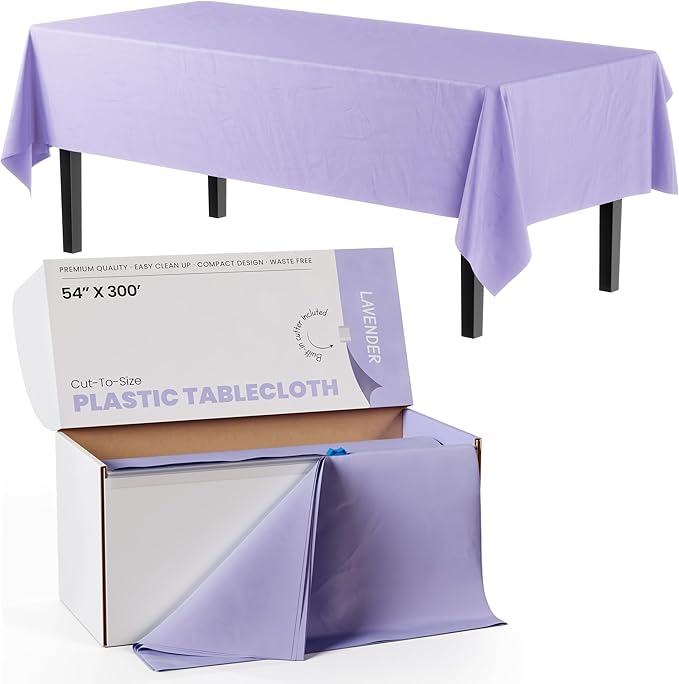 Exquisite Party Solids 54 Inch X 300 Feet Lavender Plastic Table Cover Roll in A Cut - to - Size Box with Convenient Slide Cutter. Cuts Up to 36 Rectangle 8 Feet Plastic Disposable Tablecloths