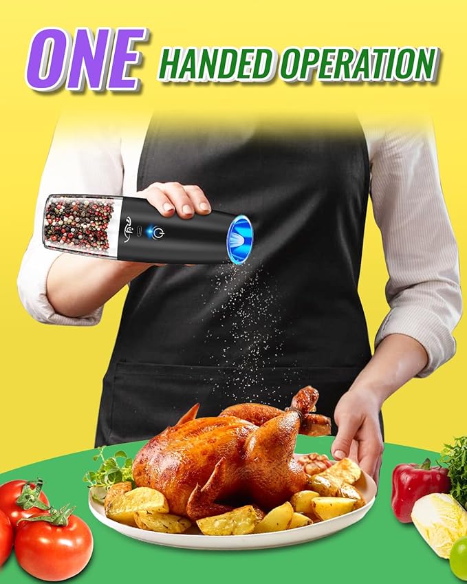 Rongyuxuan Upgraded Rechargeable Gravity Electric Salt and Pepper Grinder Set with LED lights,Stainless Steel Automatic Pepper or Salt Grinder Mill Shaker Refillable with Adjustable Coarseness,Black