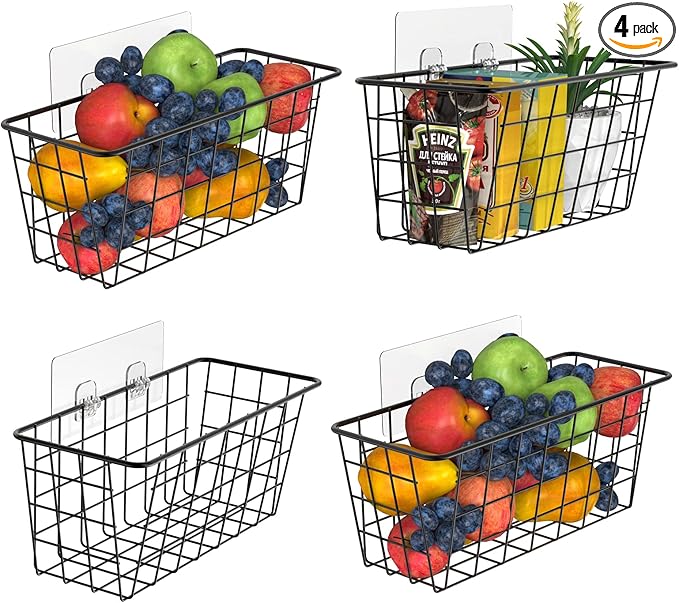 Adhesive Basket Wall Wire Basket Over the Cabinet Door Organizer No Drilling Mounted 4 Pack, Black