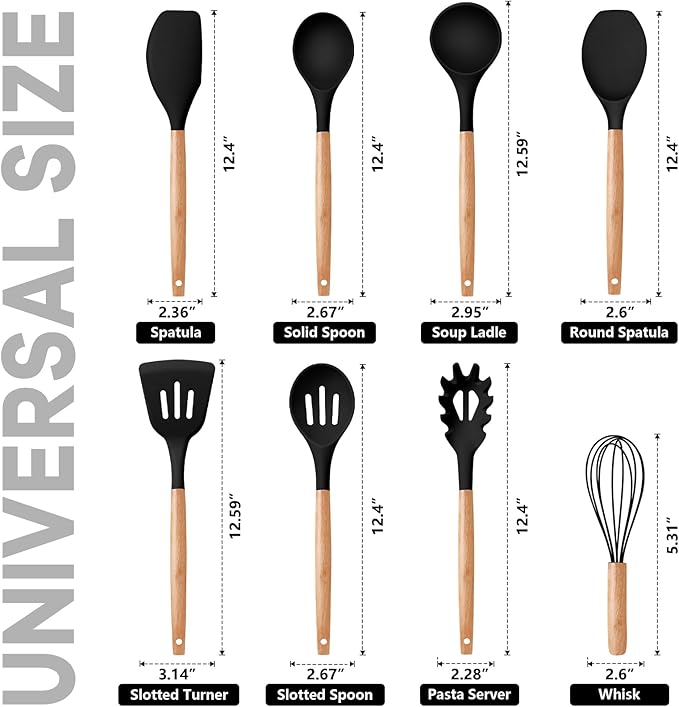 P&P CHEF Silicone Cooking Utensils Set, 8-Piece Kitchen Cooking Utensil with Wooden Handle, Silicone Spatula for Nonstick Cookware, Heat-proof & Easy Clean, Black