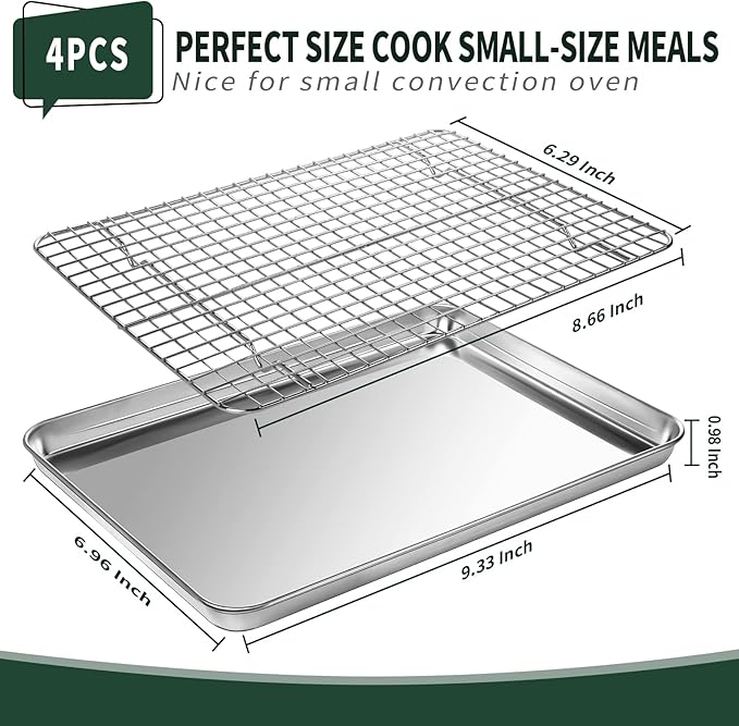 Small Baking Sheet with Rack Set [2 Cookie Sheets + 2 Baking Racks], CEKEE Stainless Steel Small Baking Pan and Grill Rack - Rust & Warp Resistant & Nonstick, Size 9.33 x 6.96 x 1 Inch
