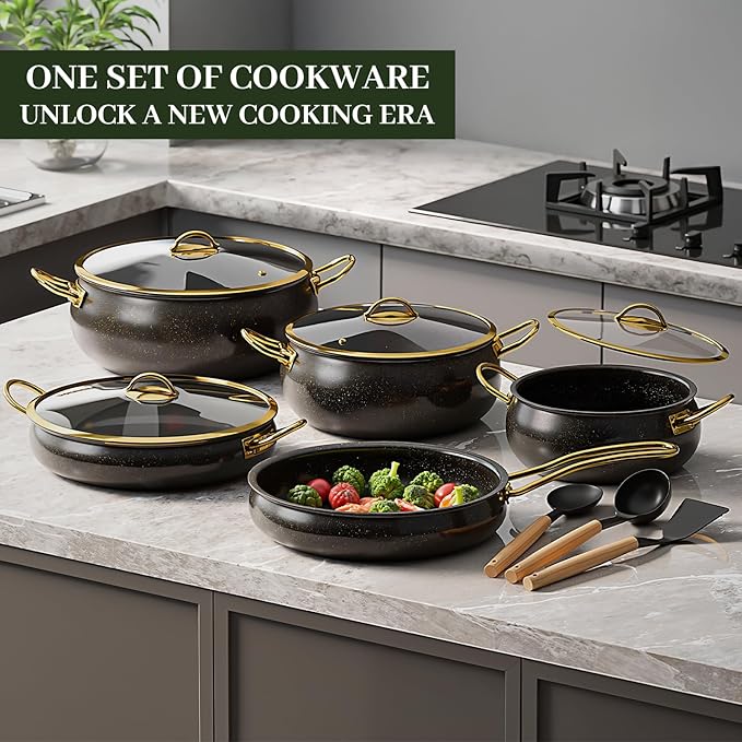 Fully Clad 5-Ply Stainless Steel Cookware Set, 12Pcs Nonstick Pots and Pans Set with Stay-Cool Handles, Induction Compatible, Stackble Design, Includes with Frying Pan, Saucepans and Saute Pan (Black)