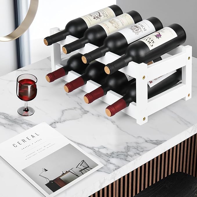 VASMIA Wine Rack, 2-Tier Bamboo Wine Racks Countertop Cabinet Wine Holder Wine Storage Shelf for Pantry Kitchen Bar, White