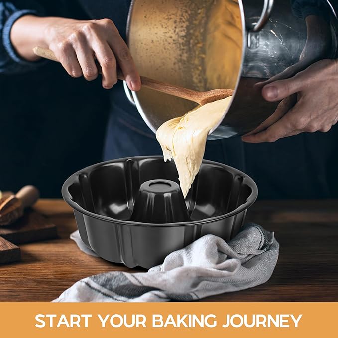 Onader 10 Inch Cake Pan, Non-Stick Round Fluted Tube Pan for Baking Pound Cake, 10 Cups Large Heavy Duty Carbon Steel Baking Mold Bakeware, Black