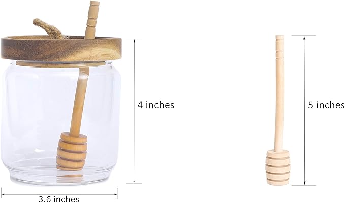 Honey Jar Pot Glass Holder Dispenser Set with Wooden Dipper Stick and Acacia Lid Cover for Home Kitchen, Clear, Modern Honey Syrup Glass Container for Storage Gift, Honey Pot and Drizzler (14 Oz)