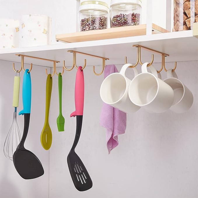 Mug Rack Under Cabinet - Coffee Cup Holder, 12 Mugs Hooks Under Shelf, Display Hanging Cups Drying Hook for Bar Kitchen Utensils Gold