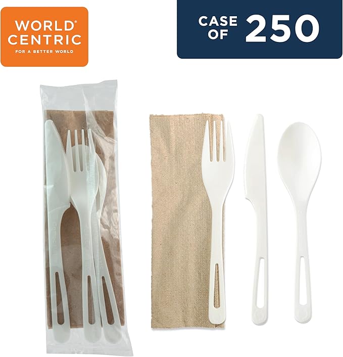 World Centric Compostable Cutlery with Napkin 6" - White TPLA, Assorted and Wrapped - 250 Pack