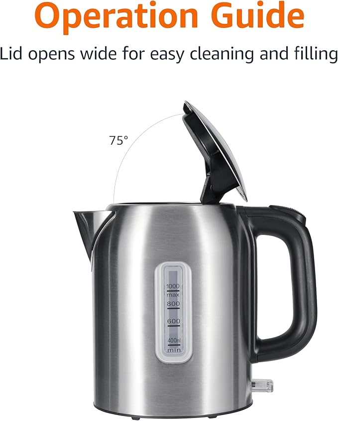 Amazon Basics 1.1Qt (1L) Electric Kettle, Tea Kettle & Water Boiler, with Auto Shut-Off, Boil Dry Protection, High-Safety Strix Thermostat, BPA-Free, 1500W, Stainless Steel, New Model, Black & Silver