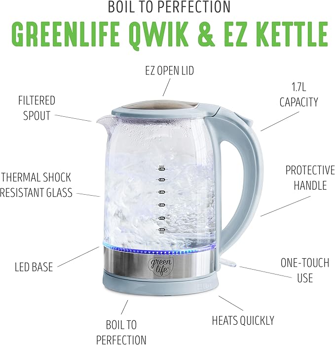 GreenLife 1.7 Liter Glass Electric Kettle, Easy One Touch Use, Quick Heating, Filtered Spout, LED Base, Auto Shut-Off, Cordless Serving, Coffee and Tea, Blue Haze