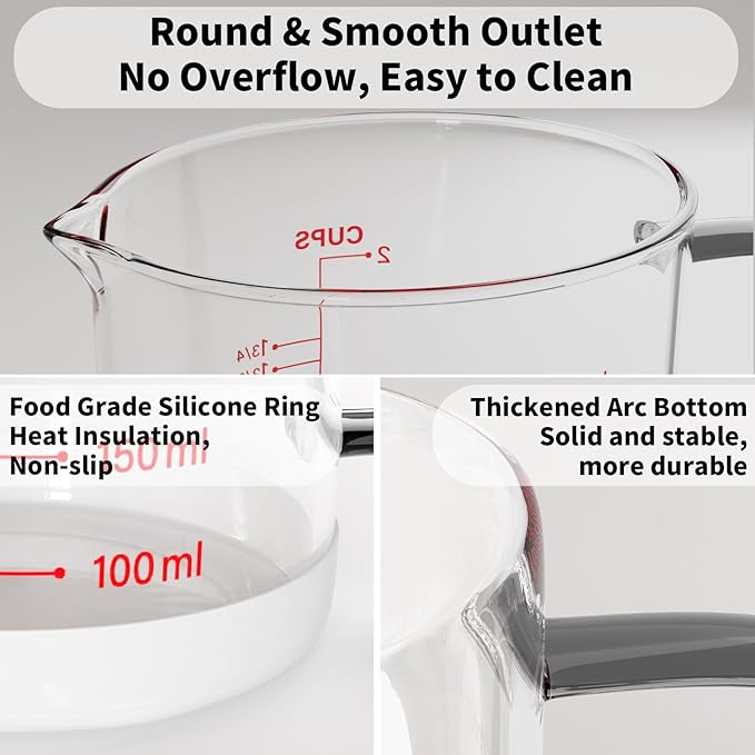 Newness 2-Cup Glass Measuring Cup For Baking and Cooking, (Upgraded, 3 Marking Including Cup/ML/Ounce Scale) Dishwasher, Freezer, Microwave, and Preheated Oven Safe, Essential Kitchen Tools