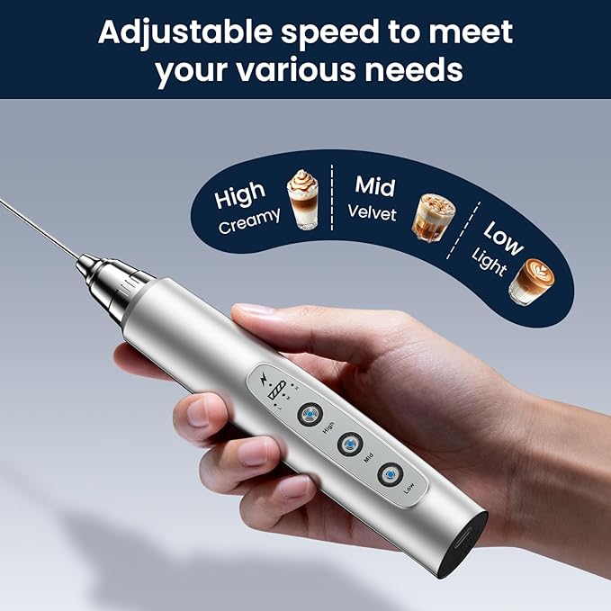 Milk Frother with Stand Rechargeable-Handheld Frother Wand with 3 Stainless Whisks 3 Speed Adjustable, Electric Whisk Drink Mixer, Foam Maker Blender for Matcha Latte Cappuccino Chocolate