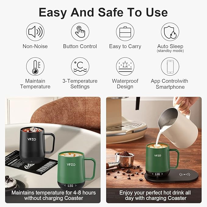 Temperature Control Smart Mug, Self Heating Coffee Mug LED Display, 180 Min Battery Life - Hot up to 149℉ Fast Wireless Charger Base Improved Design (12oz, Blue Grey)