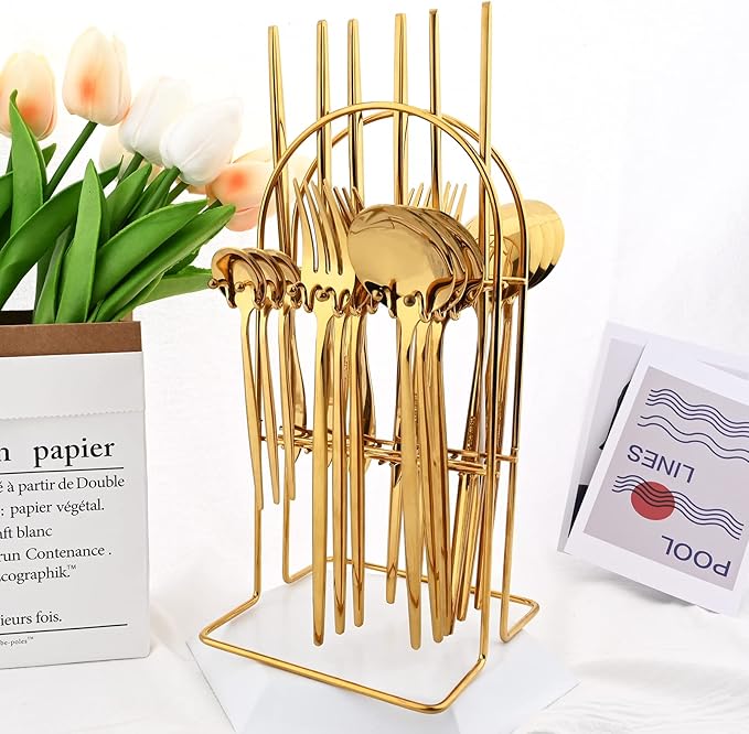 24-Piece Mirror Gold Cutlery Set, Snplowum Stainless Steel Flatware Hanging Tableware Silverware Set Include Knife/Fork/Spoon/Teaspoon and Storage Rack For Daily Use, Service For 6
