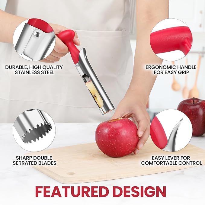 SCHVUBENR Premium Apple Corer Tool - Easy to Use and Clean - Sturdy Apple Core Remover with Sharp Serrated Blades - Stainless Steel Corers for Apple and Pear - Core Fruits with Ease(Red)