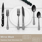 EUIRIO 48-Piece Silverware Set with Steak Knives, Black Flatware Set for 8, Stainless Steel Cutlery Set, Knives and Forks and Spoons Sets,Unique Pattern Design,Mirror Polish and Dishwasher Safe