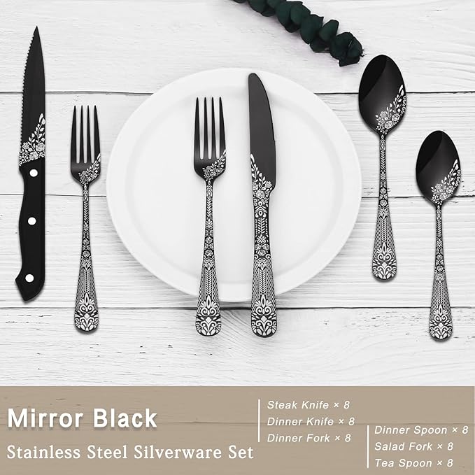 EUIRIO 48-Piece Silverware Set with Steak Knives, Black Flatware Set for 8, Stainless Steel Cutlery Set, Knives and Forks and Spoons Sets,Unique Pattern Design,Mirror Polish and Dishwasher Safe