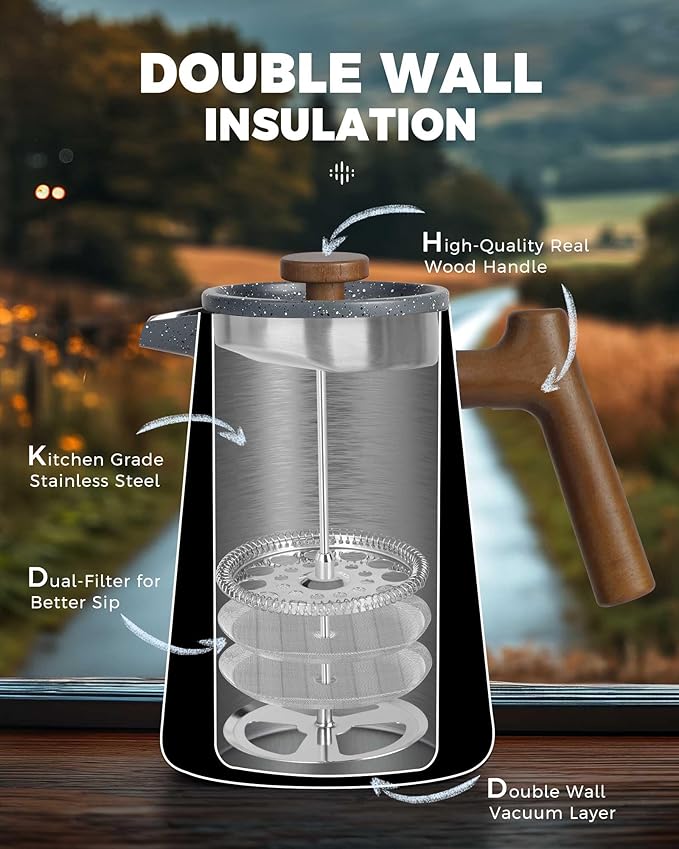 POLIVIAR French Press Coffee Maker, 34 oz Coffee Press with Real Wood Handle, Double Wall Insulation & Dual-Filter Screen, Food Grade Stainless Steel for Good Coffe and Tea, JX2025-XFPG