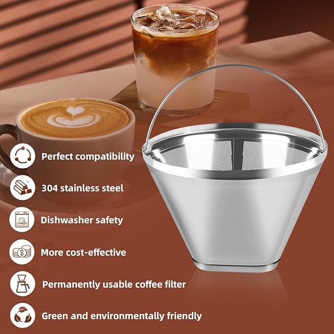 Reusable Cone Coffee Filters 4，304 Stainless Steel Permanent Coffee Filter，Permanent Filter for Ninja Coffee Maker, 2Pcs Permanent Cone Filter 4