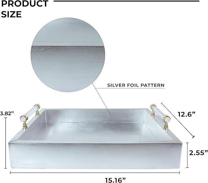 Rectangle Serving Tray with Handles - for Coffee Table, Breakfast, Dinner Kitchen Living Room Bedroom, Home Decor for All Occasions, Silver, Size M