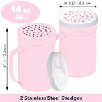 CUSINIUM 14oz Pink Stainless Steel Salt Pepper Dredge Shakers - With Plastic Cap - With Handle - Pack of 2