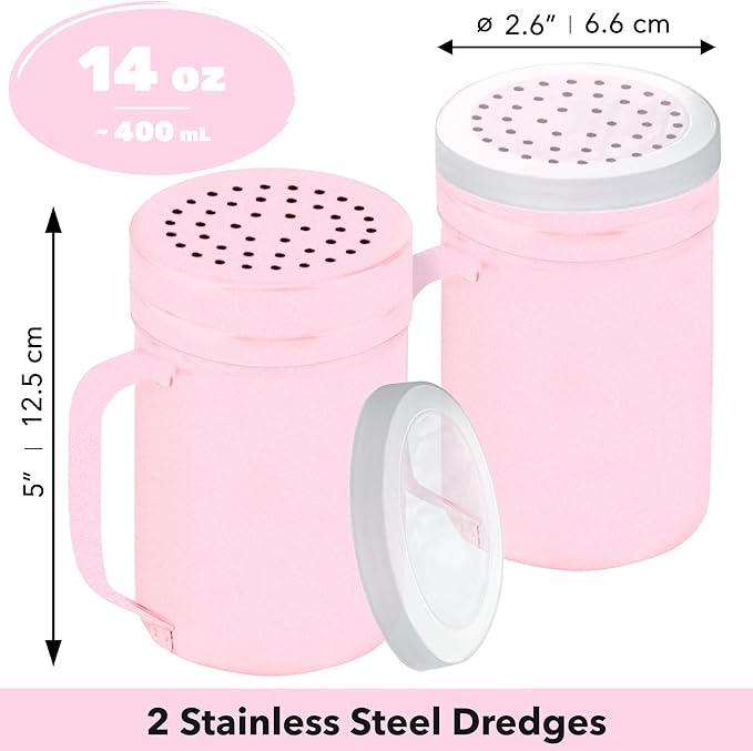 CUSINIUM 14oz Pink Stainless Steel Salt Pepper Dredge Shakers - With Plastic Cap - With Handle - Pack of 2