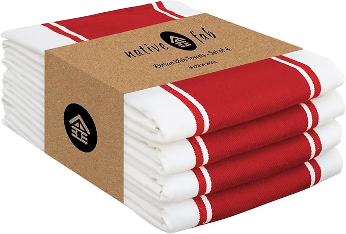 Native Fab Red Striped Kitchen Towels 18"x28", Set of 4, Wide Stripe, Highly Absorbent, Fast Dry, 100% Cotton Towels for Hand Drying, Counter Cleaning, Dish & Glassware Drying, Wash Rags - Red