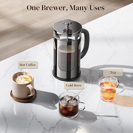 Veken French Press Coffee Maker 34oz 1 L, Heat Resistant Thickened Borosilicate Glass, No Plastic Touching Cafe, Stainless Steel Brewer,Cold Brew Cafetera Teapot for Kitchen Travel Camping,Dark Pewter