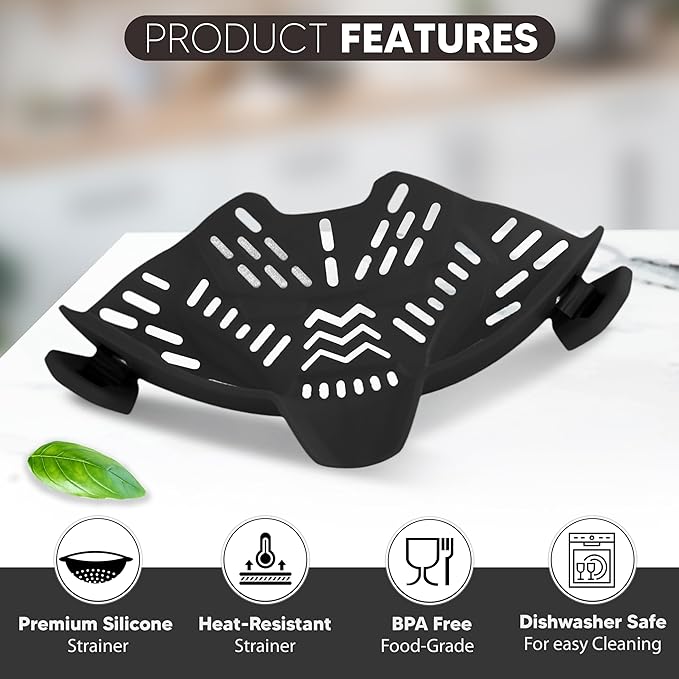 Clip On Strainer, Pot Strainer for Pasta, Vegetables, Fruit and Meat- Kitchen Silicone Strainer Colander for All Pots, Pans and Bowls (Black)