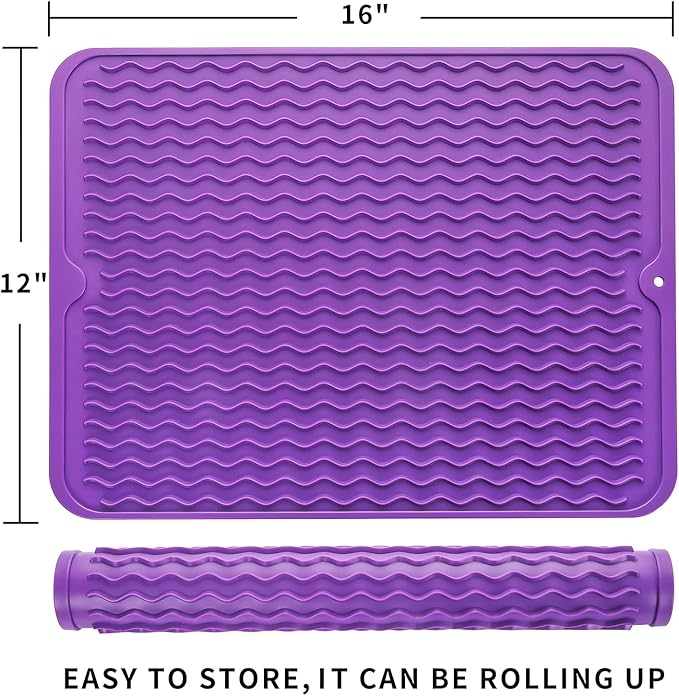 Silicone Dish Drying Mat for Multiple Usage,Easy clean,Eco-friendly,Heat-resistant Silicone Mat for Kitchen Counter or Sink,Refrigerator or drawer liner Purple L 16 inches x 12 inches