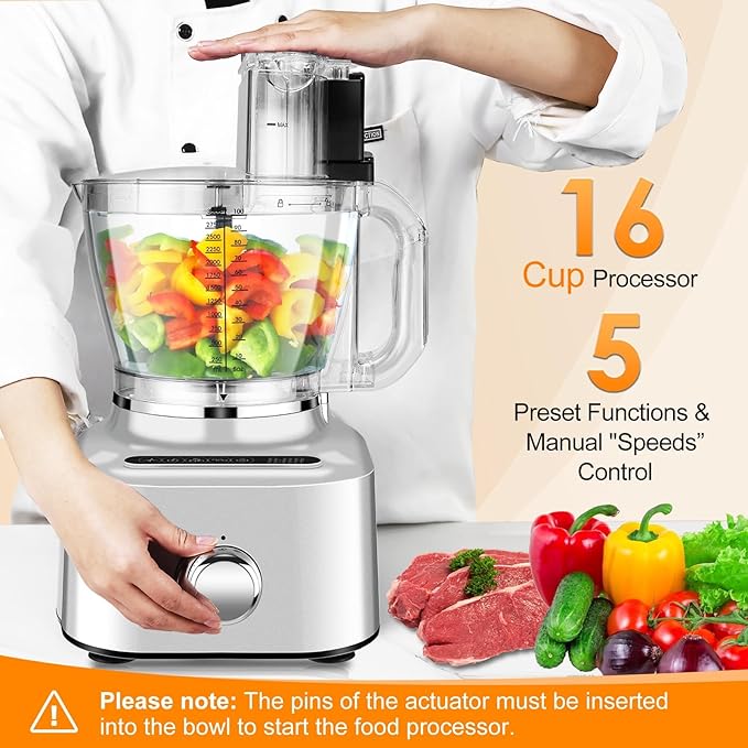 Homtone 16 Cup Food Processor, Aluminum-Diecast Food Processors with Whisk, 5 Preset Modes Vegetable Chopper Electric, 8 Blades 11 Functions for Home Use, Stepless Speed Control, 650W, Sliver