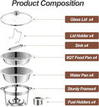 4 Packs Chafing Dish Buffet Set,8QT Round Glass Cover Stainless Steel Buffet Servers and Warmers, Thick Stand Frame Catering Chafe with Mirror Covers,Food Warmer for Party, Weddings,Picnic