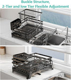 2 Tier Dish Drying Rack - Large Extendable Dish Rack, 2-in-1 Anti-Rust Stainless Steel Dishrack for Kitchen Counter and Sink, Dish Strainer with Utensil Holder & Cup Holder(Black)