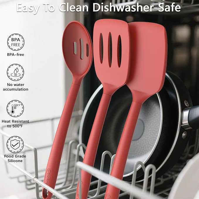 Coukre Silicone Kitchen Cooking Utensils Set with Holder – Heat-Resistant, Food-Grade Kitchen Tools, Spatula, Spoon & Gadgets for Non-Stick Pans, Dishwasher Safe (14, PureRed)