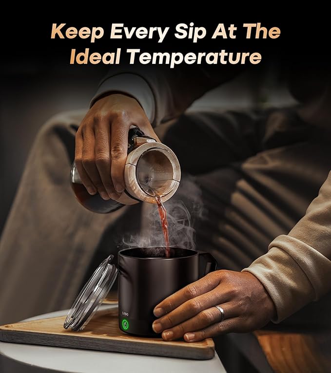 Heated Coffee Mug Rechargeable - Temperature Control Self Heating Coffee Mug 14oz with Lid, Double Sided & Real-Time LED Display, Hot up to 150℉, Birthday Gifts for Women and Men(Black)