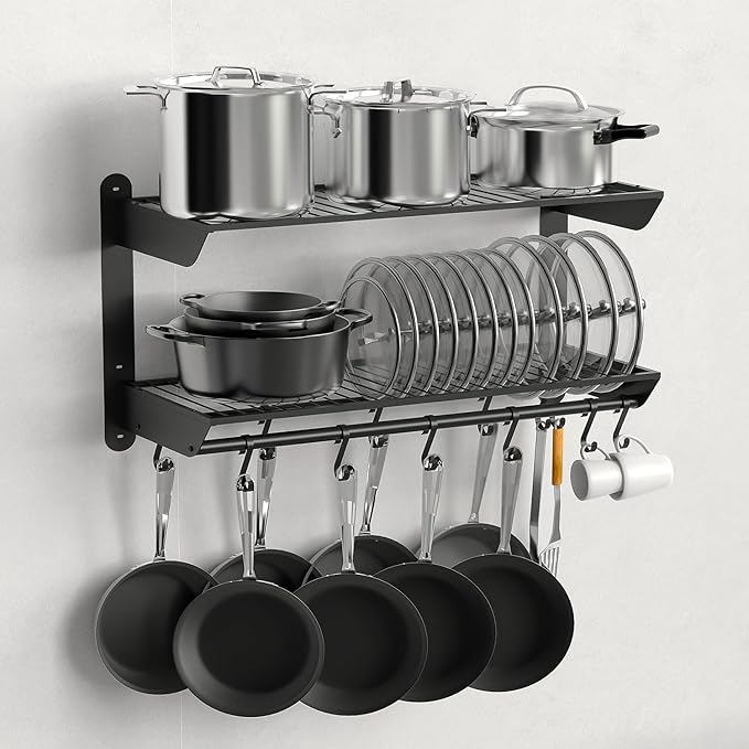 Taozun 30 Inch Pot and Pan Organizer, 2 Tier Heavy Duty Pot Rack Wall Mounted with 12 Hooks, Kitchen Cookware Utensils Hanger Organizers and Storage