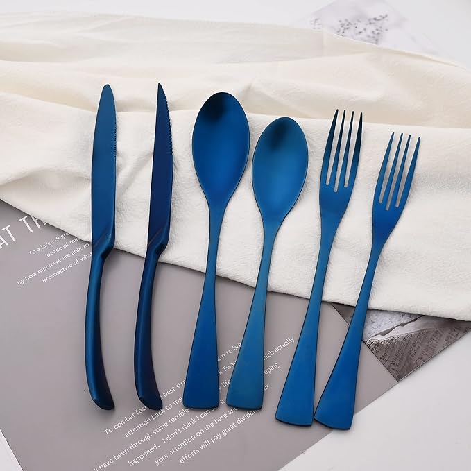 Luxury 18/10 Stainless Steel Matte Blue Flatware Set - Silverware Cutlery Utensil Set Steak Knife Spoon and Fork Knife Serving Set,Service for 1 (6-Piece)