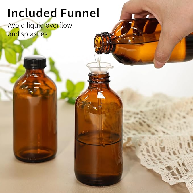 24 Pack 8oz Amber Glass Boston Round Bottles with Phenolic Polycone Caps – Airtight, Leak-Proof Brown Glass Containers for Kombucha Brewing, Storing Condiments, Essential Oils, and Homemade Solutions