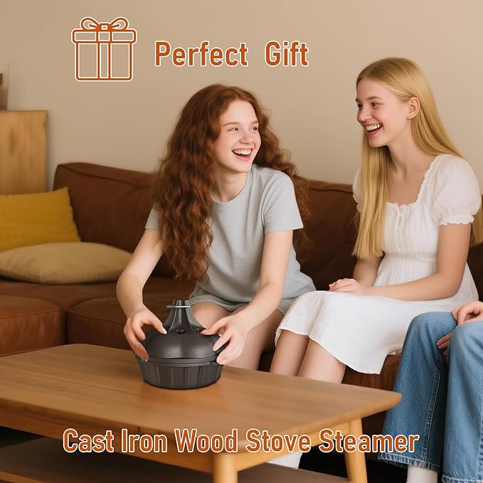 Wood Stove Steamer & Woodstove Steamer Stove Humidifier Cast Iron,2.4 Qt Round Fireplace Humidifier & Simmer Pots with Heart-shaped Vent At The Top Covers (Round-2)
