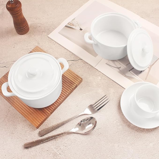 Mini Casserole Dish With Lids, Porcelain Baking Cocotte Set of 4, French Onion Soup 27 oz, Ramekins for Soup, Casseroles, Leftovers, Kitchen Cooking - Microwaves, Oven and Dishwasher Safe